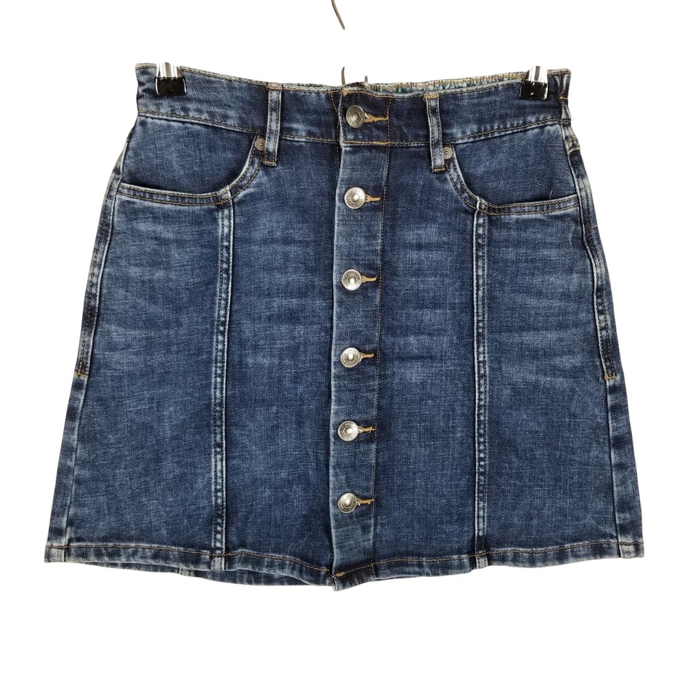 Aerie Denim Mini Skirt Women XS Blue Button Front Elastic Back A-Line 35671429